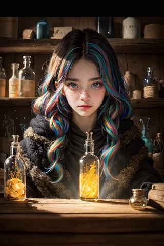 (Slender pretty girl making a little rainbow with magic over a row of test tubes in a medieval castle room), holding a stick wand, smiling, wearing round glasses with black braided hair, black robe, (a very large number of colorfully glowing potion ampoule crystal bottles are placed on the shelf behind her: 1.4), 5 supple and beautiful fingers, 2 arms, masterpiece, ultra-detailed, high resolution, 8K, HD, realistic rendering, reality-based rendering, Unreal Engine, intricate details, (noise reduction), solo, Detailedface, realism, raw photo, photo, photorealism, photography, 1 girl, young beauty spirit, world's best face, Enhance, Detailedface, perfect, 1 girl, (8k sharp focus), ultra-photorealism, detailed, color booster, on a journey, ((photography_light)), European girl, (face make_up), epiC35mm, (facing forward: 1)