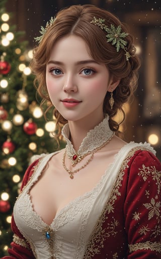 (best quality, masterpiece, ultra detailed, highres, RAW image),
Perfect facial features, perfect eyes, perfect proportions, voluptuous, prestigeous, delicate, romantic, Elizabethan woman, winter christmas clothes, romanticism, hirao style, thin smile,realistic,Christmas tree and many ornaments in the background