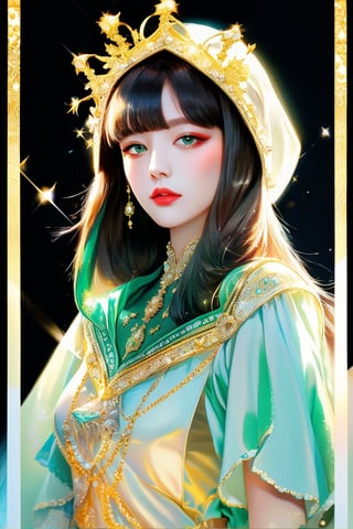 (masterpiece, best quality, ultra-detailed, 8K), Mysterious and dreamy photo, Goddess-like beautiful woman, upper body, emerald robe with gold-edged hood, beautiful face, high bangs, high key photo, epiC35mm,