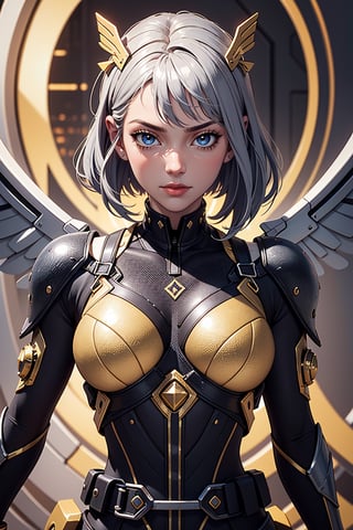 Painting, Unity Engine,near future, stylized, Symmetrical Female, perfect face shape,face lighting,Businessperson, Aluminum wings that shine silver on the back,fine details,detail parts Mechanical gold body Parts, Harness, shallow depth of field