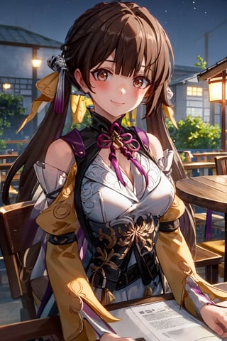 masterpiece, best quality, highres, pov, 1girl, solo, sushang, upper body, slight head tilted, close mouth, smile, :), blush, arm on back, detailled background, outdoor, outdoor restaurant, at night, sitting on a chair, crossed legs, round table, hair ornament, long sleeves, dress, cleavage, bare shoulders, braid, chinese clothes