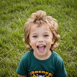 Closeup of an excited young boy, tousled hair, bright amber eyes, missing front tooth.
