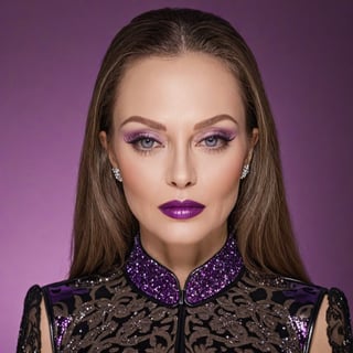 Closeup of a glamorous woman, perfectly applied makeup, captivating violet eyes, glossy lips.






