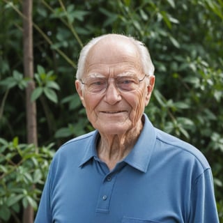 Closeup of a serene elderly man, thick glasses, soft blue eyes, gentle smile.

