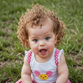 Closeup of an expressive toddler, curly hair, wide-eyed with curiosity, rosy cheeks.
