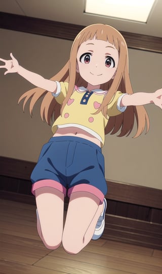 ((masterpiece, high quality, better lighting, absurdres, best quality, illustration, ultra-detailed)), (cute, kawaii), (1girl, solo), 
(smile, closed mouth), looking at viewer, (u149ani),
ichihara nina,
(( idol, puffy shorts, idol outfit)),  indoors, room, ((jumping)), outstretched arms , reaching out 