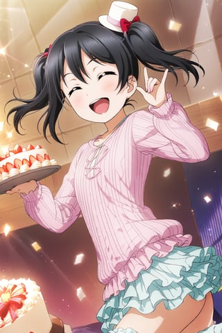 (masterpiece, high quality, better lighting, absurdres, best quality, illustration, ultra-detailed),
(cute, kawaii), ((1girl, solo)), smile, open mouth, looking at viewer, ADDCOMM

id_nico_yazawa, (jumping:1.2), leg warmers, loungewear, micro shorts, birthday, holding plate, cake, (closed eyes), confetti, birthday hat,