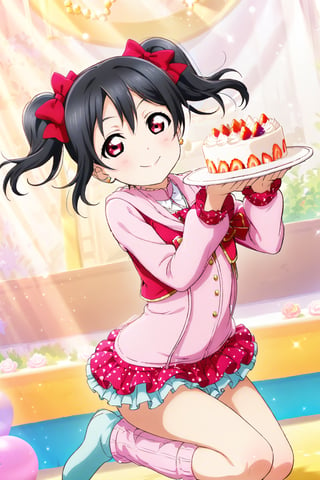 (masterpiece, high quality, better lighting, absurdres, best quality, illustration, ultra-detailed),
(cute, kawaii), ((1girl, solo)), smile, closed mouth, looking at viewer, ADDCOMM

id_nico_yazawa, (jumping:1.2), leg warmers, micro shorts, birthday, holding plate, cake,