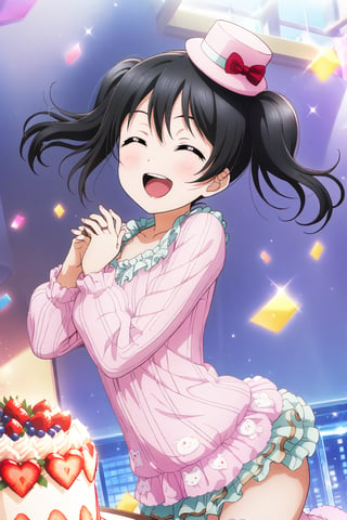 (masterpiece, high quality, better lighting, absurdres, best quality, illustration, ultra-detailed),
(cute, kawaii), ((1girl, solo)), smile, open mouth, looking at viewer, ADDCOMM

id_nico_yazawa, jumping, leg warmers, loungewear, micro shorts, birthday, own hands together, cake, (closed eyes), confetti, birthday hat,