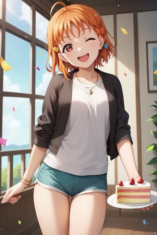 score_9, score_8_up, score_7_up, source_anime,

(cute, kawaii), ((1girl, solo)), smile, open mouth, looking at viewer, ADDCOMM

micro shorts, casual, holding orange, indoors, cake, confetti, (standing, legs together), one eye closed,

takami chika, 1girl, red eyes, orange hair, ahoge, short hair, braid, side braid