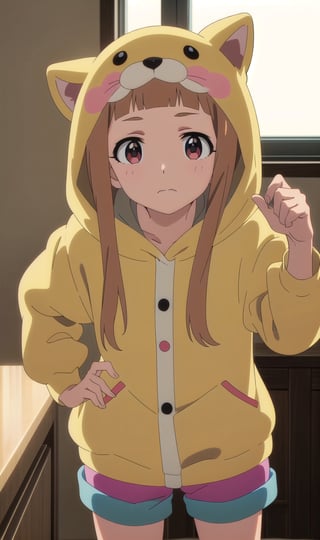 ((masterpiece, high quality, better lighting, absurdres, best quality, illustration, ultra-detailed)), (cute, kawaii), (1girl, solo), 
(closed mouth, shocked, O_O), looking at viewer, (u149ani),
ichihara nina,
indoors, room, ((kigurumi)), short shorts, o_o