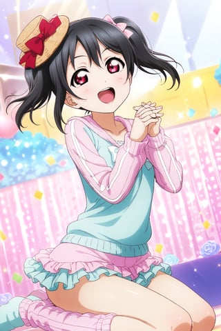 (masterpiece, high quality, better lighting, absurdres, best quality, illustration, ultra-detailed),
(cute, kawaii), ((1girl, solo)), smile, open mouth, looking at viewer, ADDCOMM

id_nico_yazawa, jumping, leg warmers, loungewear, micro shorts, birthday, own hands together, cake, (closed eyes), confetti, birthday hat,