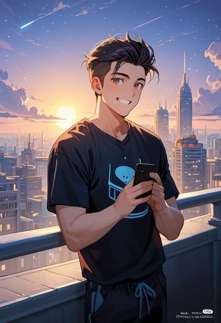 score_9, score_8_up, score_7_up, score_6_up, score_5_up, score_4_up,

1boy (black hair), a very handsome man, a man, sexy guy, standing on the balcony of a his department,city, modern city, night,holding a phone, sexy pose, lookin at his phone, smiling, hetero, black clothes,brown_hair,t-shirt, image far from here, night_sky, sun, sky, long_sleeves, perfect hands, cityscape, detailed mouth,jaeggernawt,girlnohead