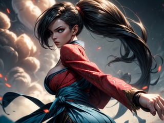 A woman with long black ponytail standing in a green and pink kimono with fierece eyes and pink aura. Unsheating her kitana from her right side in a attack stance. Hyper realistic. Blue eyes. Wide 
angle.