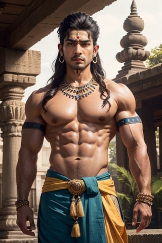 Hindu,big muscles,red dhoti,asian,angry, hyper realistic,earings,lord shiva (hindu god Shiva),lord shiva,mahadev,mahakaal