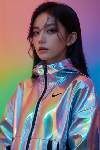 xxmixgirl, blue neon lights, somber expression, photorealistic, hyperdetailed, hyperrealism, op en eyes, cinematic, full body
flowing rainbow colored holographic background. Keywords: nike,  holographic,  iridescent,  vaporwave,  fluid., 