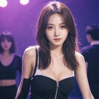 xxmixgirl,  realstic,  bright white skin busty fit Korean idol dancing in a dark dance club background,  K-pop idol face,  smile, clubbing clothings,  cleavage,  wide_hip