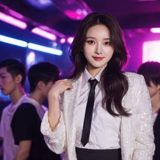 xxmixgirl,  realstic,  bright white skin busty fit Korean idol dancing in a dark dance club background,  K-pop idol face,  smile, clubbing clothings,  cleavage,  wide_hip