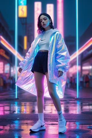 xxmixgirl, blue neon lights, somber expression, photorealistic, hyperdetailed, hyperrealism, op en eyes, cinematic, full body
flowing rainbow colored holographic background. Keywords: nike,  holographic,  iridescent,  vaporwave,  fluid., 