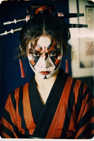 portrait of a japanese girl, polaroid,film, graininess, ANGRY, kimono, darth maul face makeup