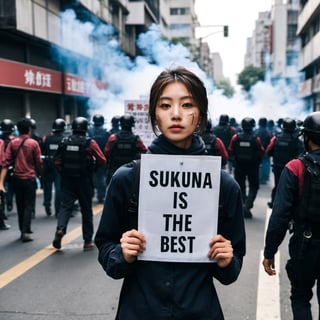 A 27 yo protester, photorealistic, award winning beautiful face, background in a messy protesting street with tear gas smokes, holding a sign:("sukuna is the best"), cute, best quality, xxmixgirl, focus on eyes, 