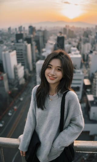 xxmixgirl,1girl, Asian girl, fisheye, taking selfie with one hand, , messy hair, sunset, cityscape, Random Japan city background, (aesthetics and atmosphere:1.2), gray hair,smiling,FilmGirl