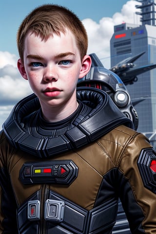 25 year old Will Poulter, brown Darth Vader suit with Rebel pilot helmet, full body, holding tech scanner, DonMASKTex,  ,DonMASKTex ,High detailed ,cloud,sky