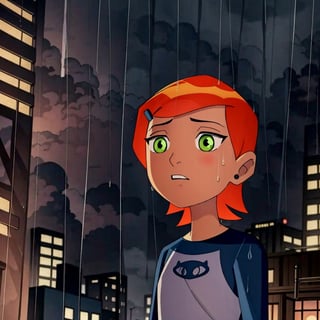 ((masterpiece)), ((better_quality)), ((More_Detail)), 1girl, solo, short hair, orange hair, green eyes, full_body, looking up, rain, city.