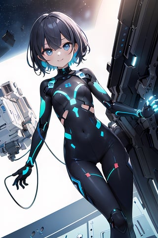 (masterpiece, highest quality, 8k, extremely awesome photoresistic illustration:1.6), 1 girl, blue cybernetic body suit, black short hair, shining blue thin eyes, thin eyebrows, light smile, flat chest , space ship ,