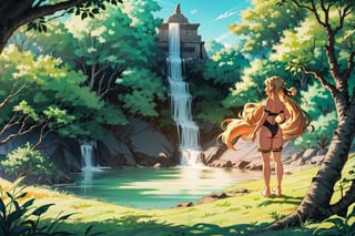 Portrait from behind of a scantily clad blonde female amazon warrior in skimpy clothes standing on a branch high up in the air looking at a ancient mayan aztec temple far away in the distance in a lush jungle with waterfalls, she is bare footed wearing a primitive strapless jungle leotard thong, she has long wavy blonde hair, the temple has rock carvings and huge statues, camera view from above,