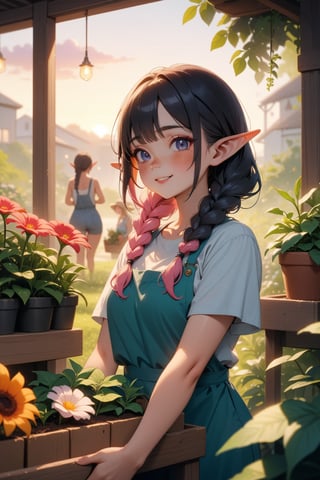 hussy, portrait, (masterpiece), best quality, high resolution, highly detailed, detailed background, smile | (masterpiece, best quality, ultra-detailed, 8K),((3 girls)),(picture-perfect face,freckles,blush,(elf), (multicolored hair,pink/platinumblonde hair),braids,,makeup, summer, gardener, plant seller, garden center, clothes gardener, beautifully detailed | sunset, ambient lighting,Dreamyvibes Artstyle