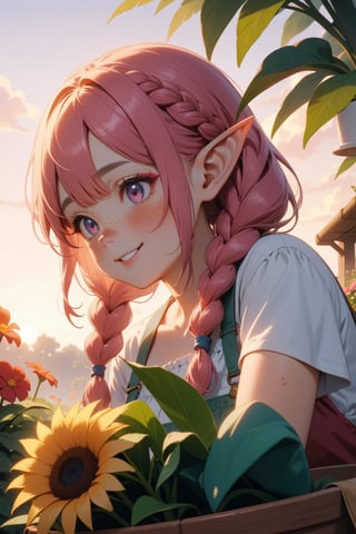 hussy, portrait, (masterpiece), best quality, high resolution, highly detailed, detailed background, smile | (masterpiece, best quality, ultra-detailed, 8K),((3 girls)),(picture-perfect face,freckles,blush,(elf), (multicolored hair,pink/platinumblonde hair),braids,,makeup, summer, gardener, plant seller, garden center, clothes gardener, beautifully detailed | sunset, ambient lighting,Dreamyvibes Artstyle