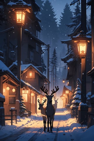 (masterpiece, best quality, ultra detailed, 8k, intricate details), reindeer, reindeer of santa claus, winter, forest, wallpaper, ambient lighting, lofi ambient, night, midjourney