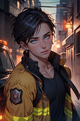 (masterpiece, best quality, ultra detailed, 8k, intricate details), 1man, firefighter, firefighter clothes, firestation, lovely face, city, eyes, hair, earrings, lips, beautiful eyes, lips, short hair, brushing hair, hourglass body, collarbone, narrow waist, wallpaper, details background, ambient lighting