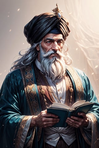 A super realistic photo of Hafez Shirazi, an old Persian poet, wearing a dark turban, with a white background. He has a long beard, dark eyes, and a gentle smile. He holds a book of his poems in his right hand and a pen in his left hand. He looks at the camera with a wise and serene expression, cinematic lighting, masterpiece, best quality, high resolution, 8k, front-view, front shot