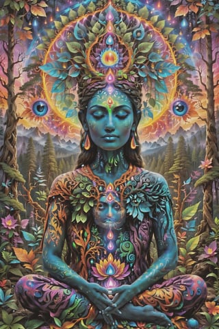 this person sits in a forest and transcends their ego mind and opens up to the spirit realm surrounding them. human in meditation, fractals, vivid color, 
"Visionary art is art that purports to transcend the physical world and portray a wider vision of awareness including spiritual or mystical themes, or is based in such experiences." , psychedelic visionary art ,animal spirits, ,spirits,spirit guides, , . Shamanic visions , ayahuasca visions . Spirit realm, metaphysical realm, esoteric,style, full body human,medium shot, perfect anatomy , psychedelic landscape surrounding the person , (masterpiece, best quality, ultra-detailed), (perfect hands, perfect anatomy), High detailed, detailed background, anatomically correct, beautiful face, detailed hands, perfect eyes, expressive eyes, score_9, score_8_up, score_7_up, best quality, masterpiece, 4k,visionary art,ULTIMATE LOGO MAKER [XL],bl4ckl1ghtxl