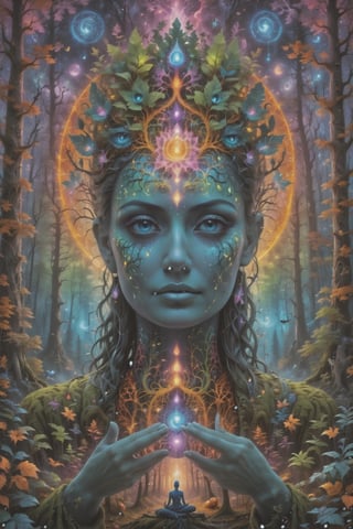 a forest of transcendence that opens up to the spirit realm surrounding breaking down physical reality into the spirit realm . human in meditation, fractals, vivid color, 
 . Spirit realm, metaphysical realm, esoteric,style , psychedelic landscape  , (masterpiece, best quality, ultra-detailed), (perfect hands, perfect anatomy), High detailed, detailed background, anatomically correct, beautiful face, detailed hands, perfect eyes, expressive eyes, score_9, score_8_up, score_7_up, best quality, masterpiece, 4k,visionary art,ULTIMATE LOGO MAKER [XL],bl4ckl1ghtxl,dd4ught3r,Halloween