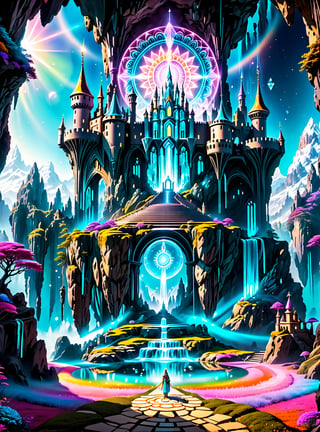 ((In the center of the MYSTICAL cave entrance surrounded by a large crystal formations is a GIANT  CASTLE  AND A  SEMI TRANSPARENT UFO MADE OF ASTRAL ENERGY HOVERS OF THE CASTLE THAT IS  MADE OUT OF SPIRITUAL ENERGY, it is made of translucent light and spiritual energy)) . A magical land psychedelic landscape wonderland with a  Guardian Spirit to watch over all. Dmt visuals. (visionary art style). ((symmetrical)) , uv, neon., uv highlights 
 fractals, sacred  geometry  and vivid color, (perfect symmetry),
 . Spirit realm, psychedelic landscape  , (masterpiece, best quality, ultra-detailed),, High detailed, detailed background, score_9, score_8_up, score_7_up, best quality, masterpiece,)) 4k,visionary art, everything fits into the image,