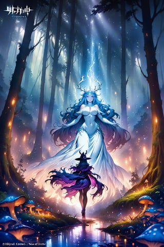 a beautiful curvaceous witch with a nice bottom walks through a dense fantasy forest that is filled with mushrooms and fairy's comes across a clearing with a glowing white stag in the clearing there is rays of light shining down onto the white stag which looking at the witch,digital concept art hd,rich tones,hdr,by brian froud