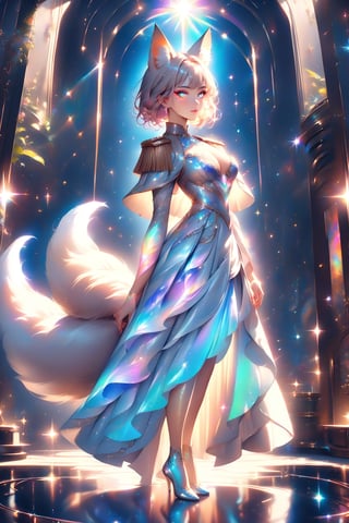 stunning artwork by artgerm, WLOP, of a beautiful female kitsune ( kitsune is a fox girl has fox ears, multiple fabulous fluffy swooshy fox tails billowing out from behind her ) , she is in galactic environment with planets stars and nebulous, she has tattoos short pixie cut hairstyle,holding long elegant staff, with glowing iridescent Feather Epaulettes made of smoke and light , tattooed female, detailed face, in focus,8k, wide angle shot, beautiful full body female , attractive beautiful female,intricate detailed garment design,curvaceous full figure feminine body, lace underclothes with intricate detail,perfected facial detail,detailed eyes, ultradetailed, natural lighting, epic compostion , dynamic pose, cinema 4d render by brian froud ,2020s art , with feeling of desire and Majesty uv color highlights , blacklight colors, neon color highlights, asiancore, trending on Artstation , done on procreate