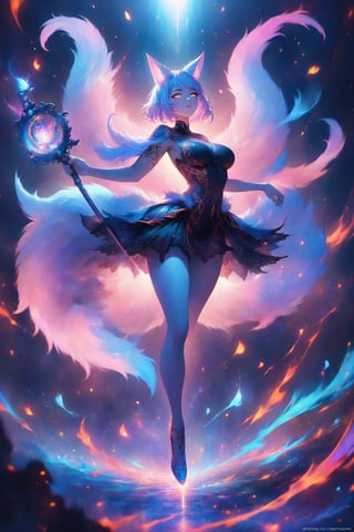 stunning artwork by artgerm, WLOP, of a beautiful female kitsune ( kitsune is a fox girl has fox ears, multiple fabulous fluffy swooshy fox tails billowing out from behind her ) , she is in galactic environment with planets stars and nebulous, she has tattoos short pixie cut hairstyle,holding long elegant staff, with glowing iridescent Feather Epaulettes made of smoke and light , tattooed female, detailed face, in focus,8k, wide angle shot, beautiful full body female , attractive beautiful female,intricate detailed garment design,curvaceous full figure feminine body, lace underclothes with intricate detail,perfected facial detail,detailed eyes, ultradetailed, natural lighting, epic compostion , dynamic pose, cinema 4d render by brian froud ,2020s art , with feeling of desire and Majesty uv color highlights , blacklight colors, neon color highlights, asiancore, trending on Artstation , done on procreate