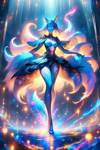 stunning artwork by artgerm, WLOP, of a beautiful female kitsune ( kitsune is a fox girl has fox ears, multiple fabulous fluffy swooshy fox tails billowing out from behind her ) , she is in galactic environment with planets stars and nebulous, she has tattoos short pixie cut hairstyle,holding long elegant staff, with glowing iridescent Feather Epaulettes made of smoke and light , tattooed female, detailed face, in focus,8k, wide angle shot, beautiful full body female , attractive beautiful female,intricate detailed garment design,curvaceous full figure feminine body, lace underclothes with intricate detail,perfected facial detail,detailed eyes, ultradetailed, natural lighting, epic compostion , dynamic pose, cinema 4d render by brian froud ,2020s art , with feeling of desire and Majesty uv color highlights , blacklight colors, neon color highlights, asiancore, trending on Artstation , done on procreate