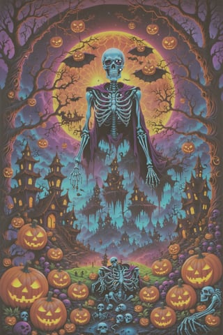 the best halloweencore art ever created, Samhain , Halloween town, old spooky town ,hanging people, skeletons, zombies, visionary art style masterpiece ,Extreme details, Otherworldly, Decorated, beautifully lit, . uv, neon, black light, uv reactive, neon highlights, psychedelic, dmt, Psychedelica, visionary art,skeletons,pumpkins,bats,spider webs,zombies,dmt, lsd art, intricate details, max details, Ultra realistic, photo realism, symbolic,multi-layered , stylized, dramatic atmosphere, volumetric lighting, vray render, 8k, HDR, RTX, mysterious figures, intense colors,newschool art style Halloweencore master piece, ,in the style of dan mumford and cristina mcallister, poster art , made of all of the above
 . Spirit realm, metaphysical realm, esoteric,style , psychedelic landscape  , (masterpiece, best quality, ultra-detailed),, High detailed, detailed background, anatomically correct, , score_9, score_8_up, score_7_up, best quality, masterpiece, 4k,visionary art,ULTIMATE LOGO MAKER [XL],bl4ckl1ghtxl,dd4ught3r,Halloween