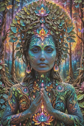 this person sits in a forest and transcends their ego mind and opens up to the spirit realm surrounding them. human in meditation, fractals, vivid color, 
"Visionary art is art that purports to transcend the physical world and portray a wider vision of awareness including spiritual or mystical themes, or is based in such experiences." , psychedelic visionary art ,animal spirits, ,spirits,spirit guides, , . Shamanic visions , ayahuasca visions . Spirit realm, metaphysical realm, esoteric,style, full body human,medium shot, perfect anatomy , psychedelic landscape surrounding the person , (masterpiece, best quality, ultra-detailed), (perfect hands, perfect anatomy), High detailed, detailed background, anatomically correct, beautiful face, detailed hands, perfect eyes, expressive eyes, score_9, score_8_up, score_7_up, best quality, masterpiece, 4k,visionary art,ULTIMATE LOGO MAKER [XL],bl4ckl1ghtxl