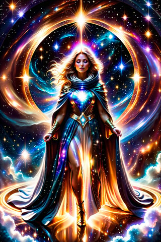 a female space angel shrouded in cloak of light and stars,galaxy,space,portals,light being,stars,enchanted,fantasy,visionary art