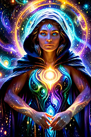 a female space shaman shrouded in cloak of light and stars,galaxy,space,portals,light being,stars,enchanted,fantasy,visionary art