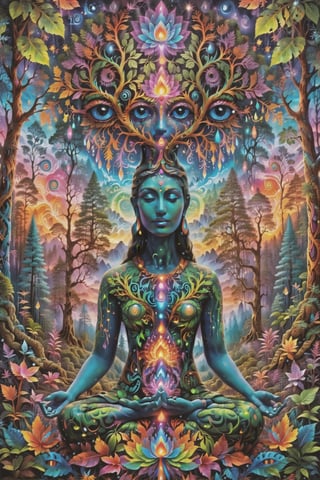 a forest of transcendence that opens up to the spirit realm surrounding breaking down physical reality into the spirit realm . human in meditation, fractals, vivid color, 
"Visionary art is art that purports to transcend the physical world and portray a wider vision of awareness including spiritual or mystical themes, or is based in such experiences." , psychedelic visionary art ,animal spirits, ,spirits,spirit guides, , . Shamanic visions , ayahuasca visions . Spirit realm, metaphysical realm, esoteric,style, full body human,medium shot, perfect anatomy , psychedelic landscape surrounding the person , (masterpiece, best quality, ultra-detailed), (perfect hands, perfect anatomy), High detailed, detailed background, anatomically correct, beautiful face, detailed hands, perfect eyes, expressive eyes, score_9, score_8_up, score_7_up, best quality, masterpiece, 4k,visionary art,ULTIMATE LOGO MAKER [XL],bl4ckl1ghtxl