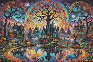 vampires manor surronds a courtyard garden with big pond with Island a in the center that is home to a large majestic magical :white blue an gold tree: ,uv highlights, beautifully lit, ink pen illustration,vibrant colors, colorful,trippy

a forest of transcendence that opens up to the surroundings breaking down physical reality into the spirit realm . , fractals, vivid color, 

 . Spirit realm, metaphysical realm, esoteric,style , psychedelic landscape  , (masterpiece, best quality, ultra-detailed),, High detailed, detailed background, anatomically correct, , score_9, score_8_up, score_7_up, best quality, masterpiece, 4k,visionary art,ULTIMATE LOGO MAKER [XL],bl4ckl1ghtxl,dd4ught3r,Halloween