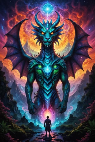 a massive dragon made of light and comsic energy guards the gates to another realm a wanderer stand before the dragon seeking passage , the spirit realm overlays the pysical realtiy  surrounding the wanderer , . , fractals, vivid color, 
"Visionary art style , psychedelic visionary art ,animal spirits, ,spirits,spirit guides,. Shamanic visions ,(the dragons body is not pysical it is transparent light energy )  . Spirit realm, metaphysical realm, esoteric,style, full body human,medium shot, perfect anatomy , psychedelic landscape surrounding the person , (masterpiece, best quality, ultra-detailed), (perfect hands, perfect anatomy), High detailed, detailed background, anatomically correct, beautiful face, detailed hands, perfect eyes, expressive eyes, score_9, score_8_up, score_7_up, best quality, masterpiece, 4k,visionary art,ULTIMATE LOGO MAKER [XL],bl4ckl1ghtxl,visionary art style