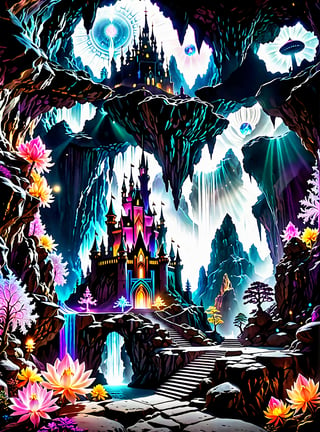 ((In the center of the MYSTICAL cave entrance surrounded by a large crystal formations is a GIANT  CASTLE  AND A  SEMI TRANSPARENT UFO MADE OF ASTRAL ENERGY HOVERS OF THE CASTLE THAT IS  MADE OUT OF SPIRITUAL ENERGY, it is made of translucent light and spiritual energy)) . A magical land psychedelic landscape wonderland with a  Guardian Spirit to watch over all. Dmt visuals. (visionary art style). ((symmetrical)) , uv, neon., uv highlights 
 fractals, sacred  geometry  and vivid color, (perfect symmetry),
 . Spirit realm, psychedelic landscape  , (masterpiece, best quality, ultra-detailed),, High detailed, detailed background, score_9, score_8_up, score_7_up, best quality, masterpiece,)) 4k,visionary art, everything fits into the image,